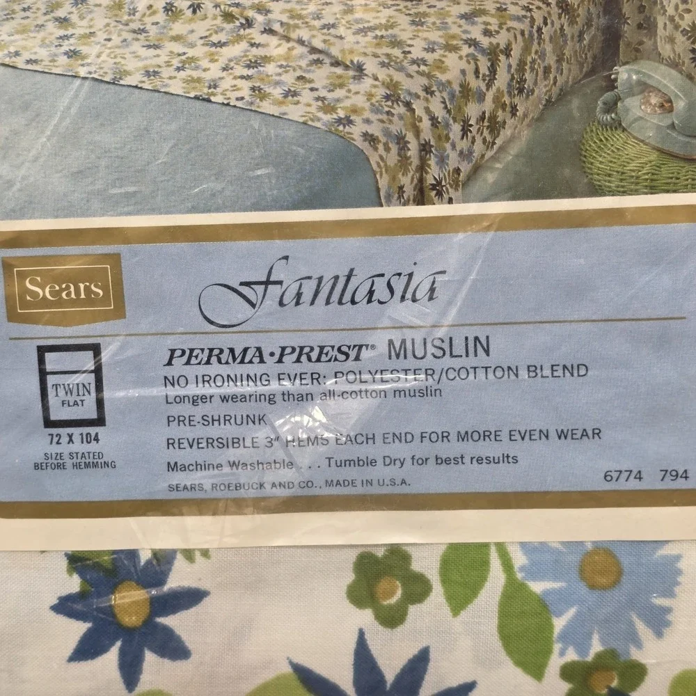 Vintage Sears Fantasia Perma Prest Muslin Twin Flat Sheet NOS Blue Green Floral